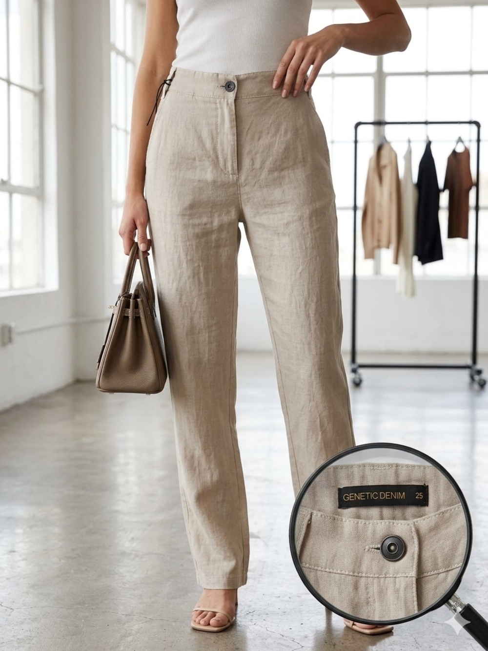 Genetic Denim Neutral Beige Linen Straight Trousers